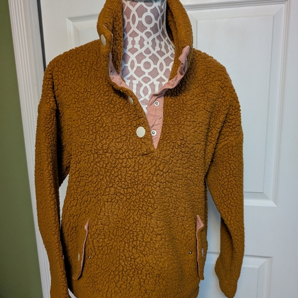 J.Crew Vintage Fleece Snap Pullover Teddy Sherpa Jacket Caramel Brown M EUC - Picture 1 of 7